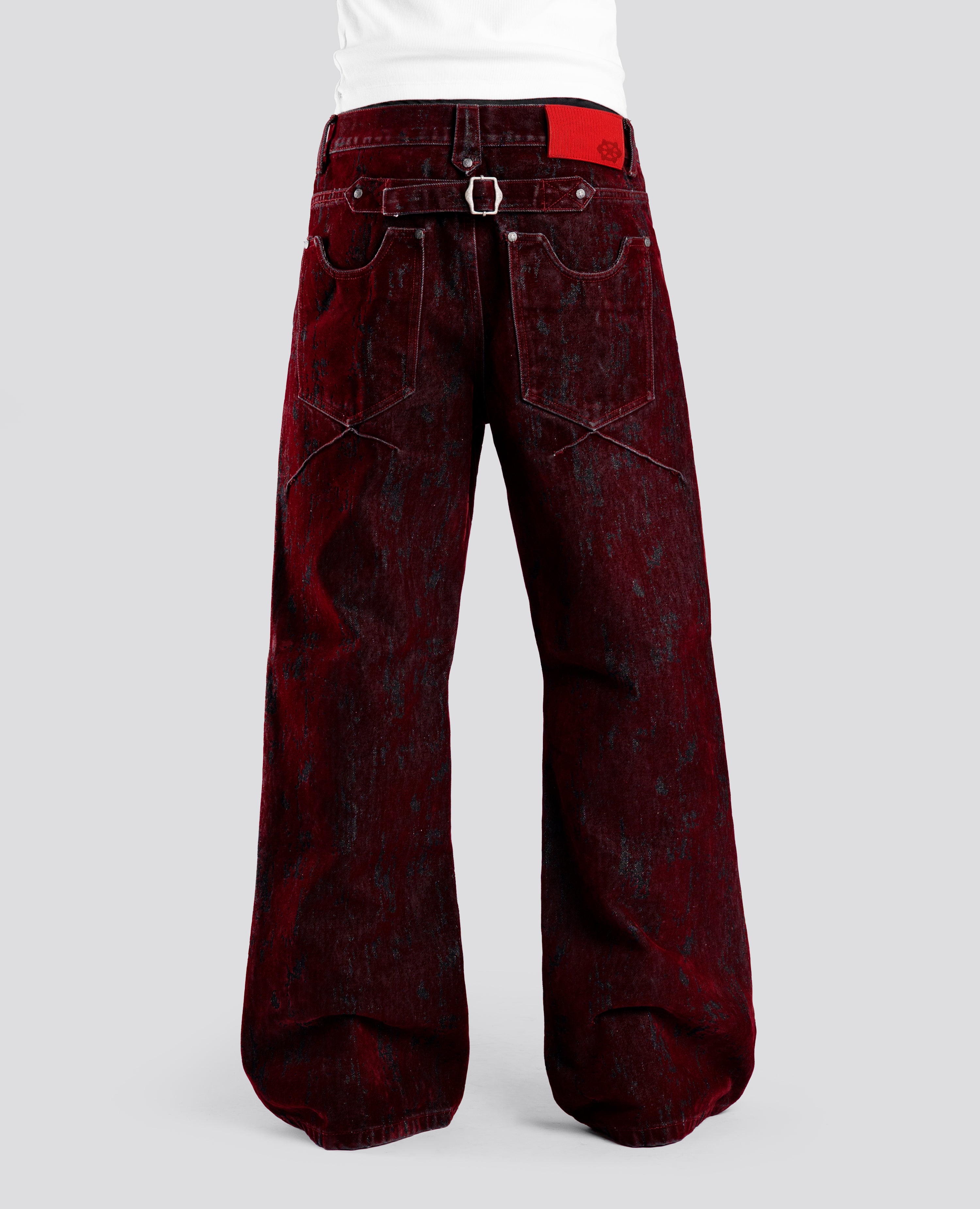 RED KNUCKLE BOOTCUT VELVET PANTS